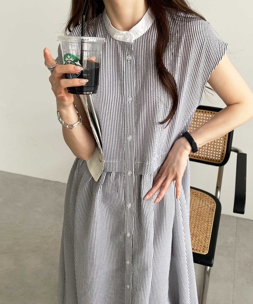 GeeRA(ジーラ)の「夏にぴったり。ウエストギャザーフレンチスリーブサッカーワンピ―ス(シャツワンピース・レディース・ベージュ/ブルー/ブラック・LARGE/X-LARGE/MEDIUM)」の22枚目の写真