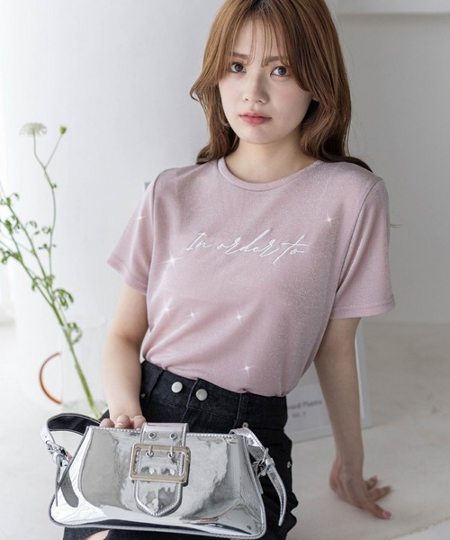 clear（クリア）の「ラメ刺繍ロゴTシャツ（Tシャツ/カットソー・レディース・シルバー/ブラック/ピンク・F）」の2枚目の写真