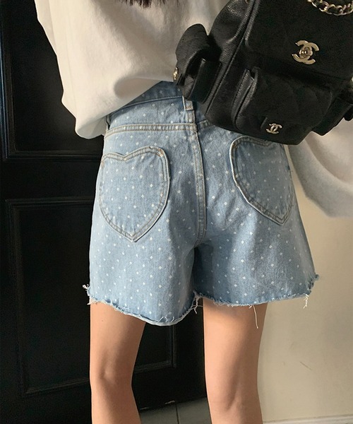 バックハートポケットドット抜染デニムショートパンツ（デニム