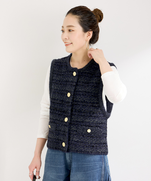 B.C STOCK（ベーセーストック）の「フロントボタンツイード調ベスト（ベスト・レディース・ネイビー/ピンク・FREE）」の19枚目の写真