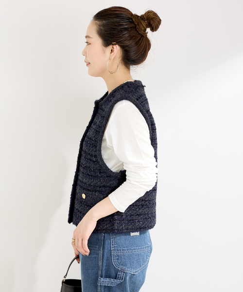 B.C STOCK（ベーセーストック）の「フロントボタンツイード調ベスト（ベスト・レディース・ネイビー/ピンク・FREE）」の20枚目の写真