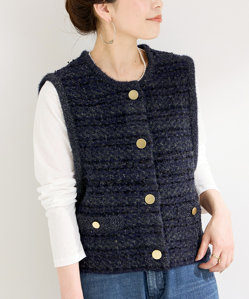B.C STOCK（ベーセーストック）の「フロントボタンツイード調ベスト（ベスト・レディース・ネイビー/ピンク・FREE）」の22枚目の写真