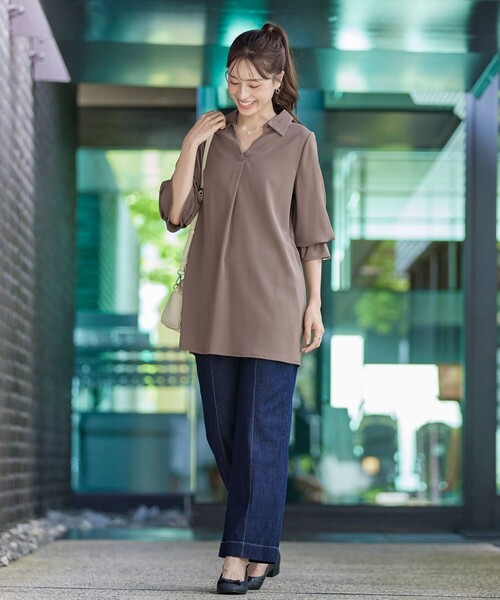 セール】バックシャーリングスキッパーチュニックブラウス