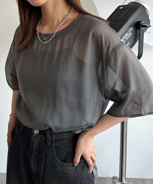 apres jour mignon(アプレジュールミニョン)の「シアーTシャツ【ZOZOTOWN限定アイテム】(シャツ/ブラウス・レディース・ピンク/オフホワイト/チャコールグレー/ブラック・X-LARGE/フリー)」の3枚目の写真