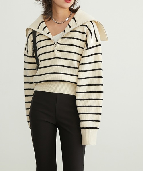 Girly Doll（ガーリードール）の「ボーダー柄ジップニット（ニット/セーター・レディース・ベージュ/ブラック・F）」の3枚目の写真