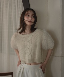 mideal | faux fur sleeve cable knit / フェイクファースリーブケーブルニット(ニット/セーター)
