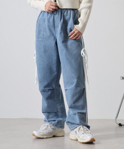 セール】.worksラインリボン ベイカーポケデニムパンツ（デニム