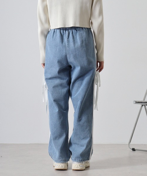 未使用品 BONUM リボンデニムパンツ ブルー ブルーイースト BLUEEAST リボン刺繍ワイドデニムパンツ