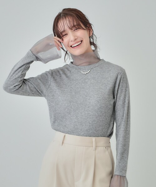 SHOO・LA・RUE（シューラルー）の「【S-LL】チュール切替リブインナートップス（Tシャツ/カットソー・レディース・グレー/オフホワイト/ベビーピンク/ブラック・03/04/02/01）」の9枚目の写真