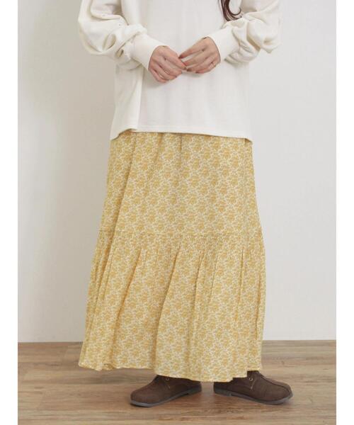 Samansa Mos2（サマンサ モスモス）の「花柄シャーリング切替スカート（スカート・レディース・グリーン/ネイビー/イエロー・F）」の4枚目の写真