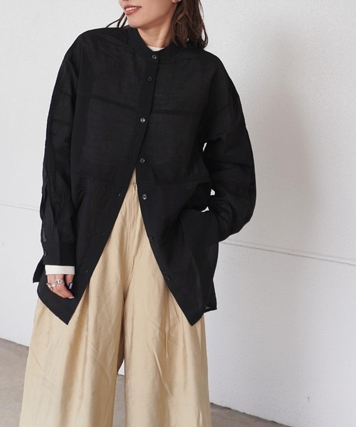 SHIPS シアー プリーツ バンドカラー シャツ 切替デザイン 紺 SHIPS｜SHIPS KIDS:145~160cm / オックスフォード バンドカラー