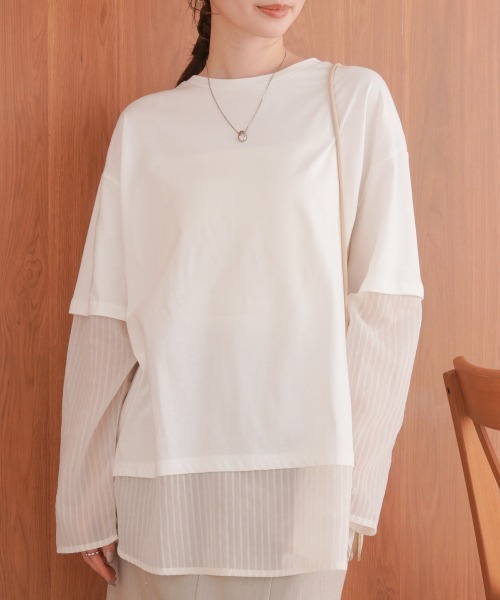 Bab(バブ)の「シアーストライプレイヤードプルオーバー(Tシャツ/カットソー・レディース・ピンク/オフホワイト/チャコールグレー・FREE)」の2枚目の写真