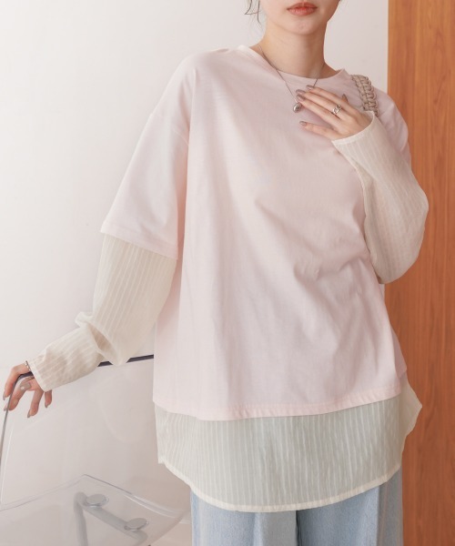 Bab(バブ)の「シアーストライプレイヤードプルオーバー(Tシャツ/カットソー・レディース・ピンク/オフホワイト/チャコールグレー・FREE)」の1枚目の写真