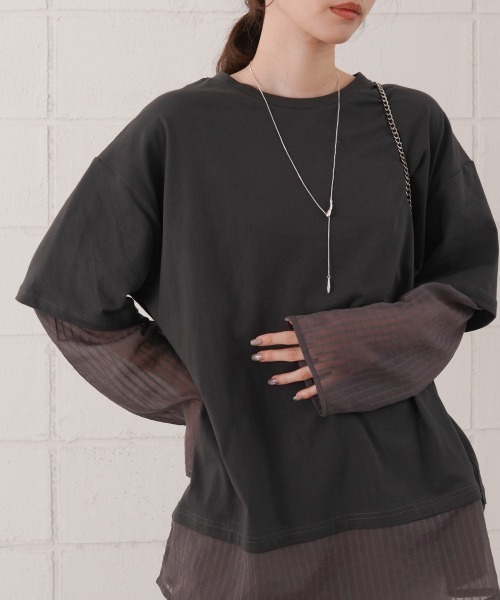 Bab(バブ)の「シアーストライプレイヤードプルオーバー(Tシャツ/カットソー・レディース・ピンク/オフホワイト/チャコールグレー・FREE)」の3枚目の写真