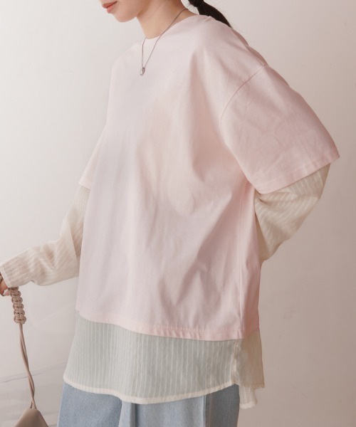 Bab(バブ)の「シアーストライプレイヤードプルオーバー(Tシャツ/カットソー・レディース・ピンク/オフホワイト/チャコールグレー・FREE)」の6枚目の写真