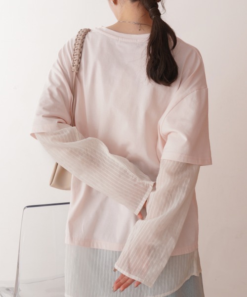 Bab(バブ)の「シアーストライプレイヤードプルオーバー(Tシャツ/カットソー・レディース・ピンク/オフホワイト/チャコールグレー・FREE)」の11枚目の写真