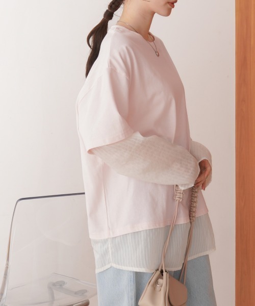 Bab(バブ)の「シアーストライプレイヤードプルオーバー(Tシャツ/カットソー・レディース・ピンク/オフホワイト/チャコールグレー・FREE)」の12枚目の写真