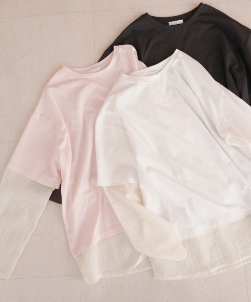 Bab(バブ)の「シアーストライプレイヤードプルオーバー(Tシャツ/カットソー・レディース・ピンク/オフホワイト/チャコールグレー・FREE)」の14枚目の写真