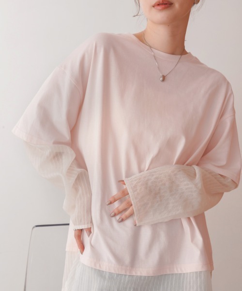 Bab(バブ)の「シアーストライプレイヤードプルオーバー(Tシャツ/カットソー・レディース・ピンク/オフホワイト/チャコールグレー・FREE)」の20枚目の写真