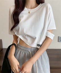 袖 オープンカット クロップド丈 半袖 Tシャツ