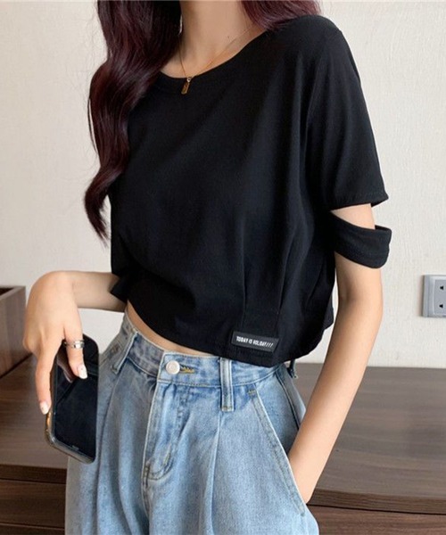 Lace Ladies(レースレディース)の「袖 オープンカット クロップド丈 半袖 Tシャツ(Tシャツ/カットソー・レディース・グレー/ブラック/ホワイト・M/XL)」の2枚目の写真