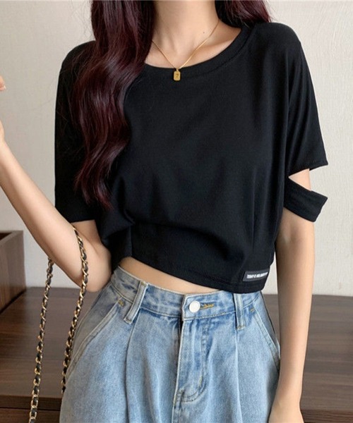 Lace Ladies(レースレディース)の「袖 オープンカット クロップド丈 半袖 Tシャツ(Tシャツ/カットソー・レディース・グレー/ブラック/ホワイト・M/XL)」の4枚目の写真
