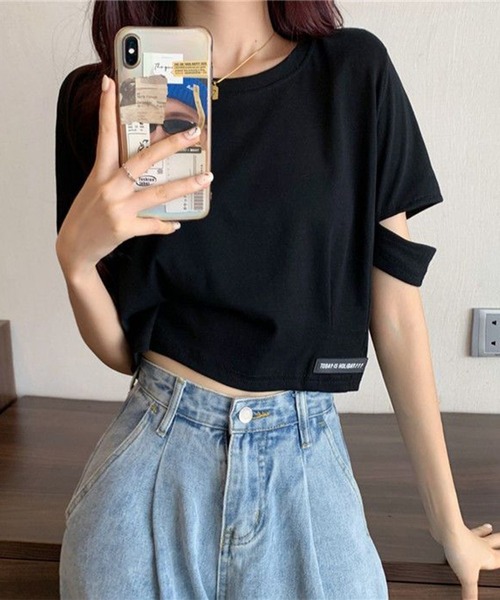 Lace Ladies(レースレディース)の「袖 オープンカット クロップド丈 半袖 Tシャツ(Tシャツ/カットソー・レディース・グレー/ブラック/ホワイト・M/XL)」の5枚目の写真