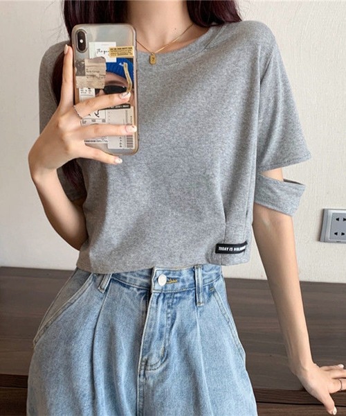 Lace Ladies(レースレディース)の「袖 オープンカット クロップド丈 半袖 Tシャツ(Tシャツ/カットソー・レディース・グレー/ブラック/ホワイト・M/XL)」の7枚目の写真