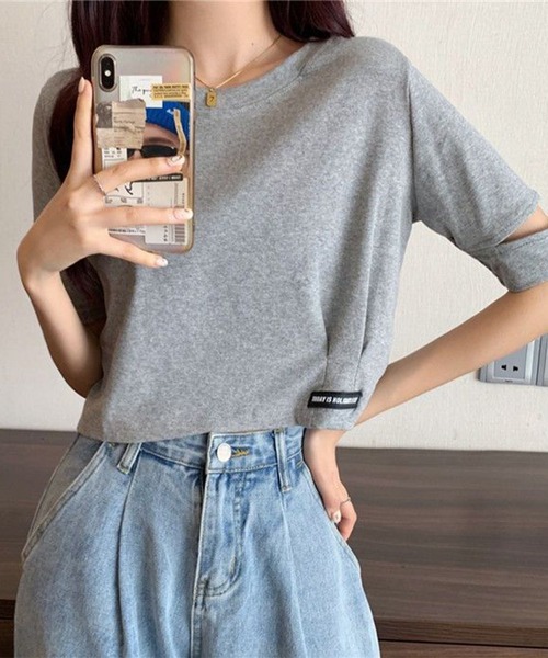 Lace Ladies(レースレディース)の「袖 オープンカット クロップド丈 半袖 Tシャツ(Tシャツ/カットソー・レディース・グレー/ブラック/ホワイト・M/XL)」の8枚目の写真