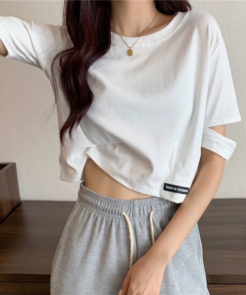 Lace Ladies(レースレディース)の「袖 オープンカット クロップド丈 半袖 Tシャツ(Tシャツ/カットソー・レディース・グレー/ブラック/ホワイト・M/XL)」の9枚目の写真