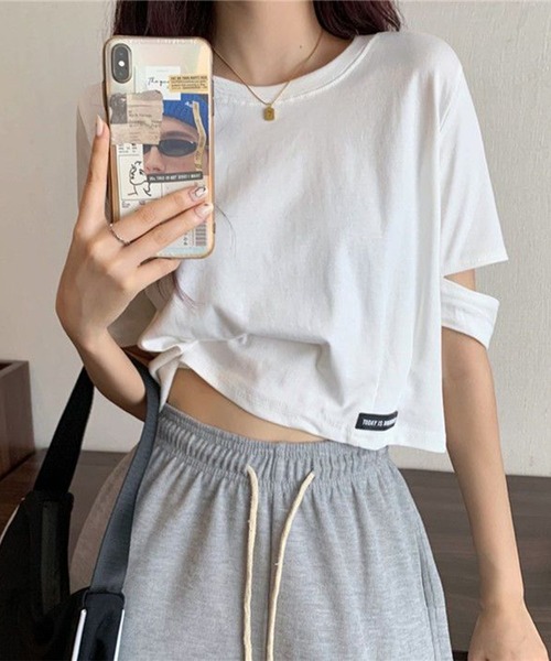 Lace Ladies(レースレディース)の「袖 オープンカット クロップド丈 半袖 Tシャツ(Tシャツ/カットソー・レディース・グレー/ブラック/ホワイト・M/XL)」の10枚目の写真