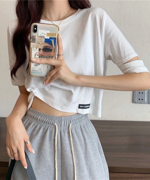 Lace Ladies(レースレディース)の「袖 オープンカット クロップド丈 半袖 Tシャツ(Tシャツ/カットソー・レディース・グレー/ブラック/ホワイト・M/XL)」の11枚目の写真