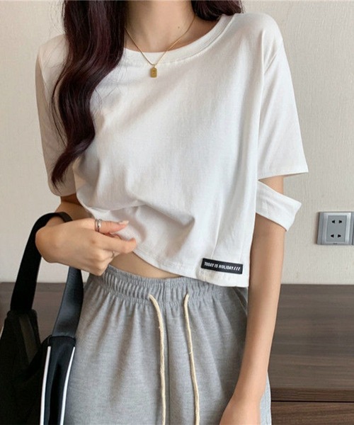 Lace Ladies(レースレディース)の「袖 オープンカット クロップド丈 半袖 Tシャツ(Tシャツ/カットソー・レディース・グレー/ブラック/ホワイト・M/XL)」の12枚目の写真
