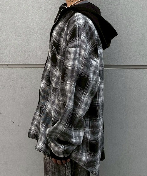 XU（エックスユー）の「【Never mind the XU】layered check shirts / 【ネバーマインド ザ エックスユー】レイヤードチェックフード長袖シャツパーカー（シャツ/ブラウス・メンズ・ブラック×ホワイト・ONE SIZE）」の6枚目の写真