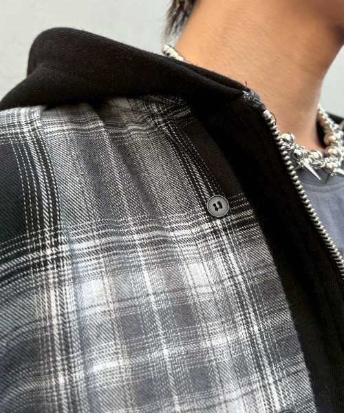 XU（エックスユー）の「【Never mind the XU】layered check shirts / 【ネバーマインド ザ エックスユー】レイヤードチェックフード長袖シャツパーカー（シャツ/ブラウス・メンズ・ブラック×ホワイト・ONE SIZE）」の9枚目の写真