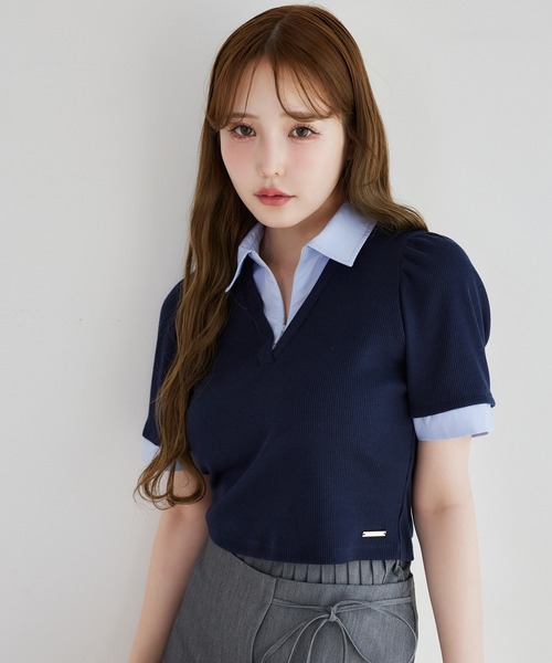 one after another NICE CLAUP（ワンアフターアナザーナイスクラップ）の「シャツレイヤードトップス（Tシャツ/カットソー・レディース・ベージュ/ネイビー/ブラウン・FREE）」の11枚目の写真