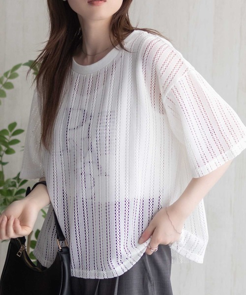 NAVY(ネイビー)の「NAVY メッシュレースTシャツ アンサンブル レイヤード(アンサンブル・レディース・オフホワイト/グレー/ブラック・M/L)」の5枚目の写真