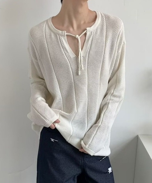 セール】ユニセックス メッシュローゲージニット（カーディガン