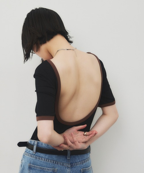 HANNE（アン）の「バックオープンリンガーボディースーツTEE（Tシャツ/カットソー・レディース・ホワイト/ブラック・FREE）」の2枚目の写真