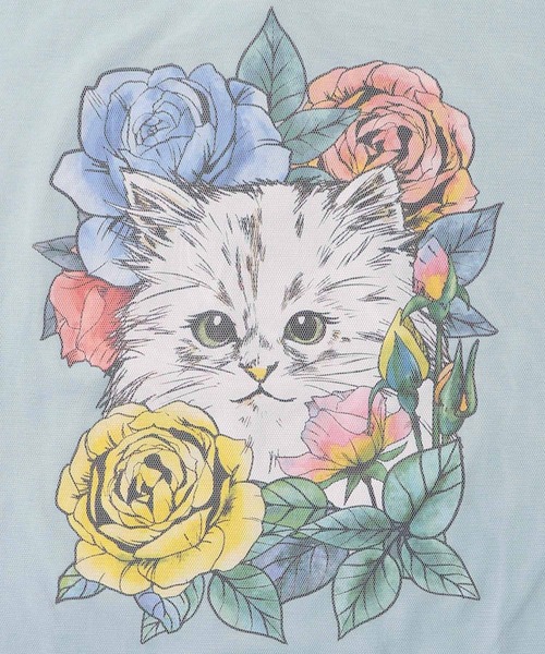 152618：花とネコちゃん柄 チュール重ねプルオーバー（Tシャツ