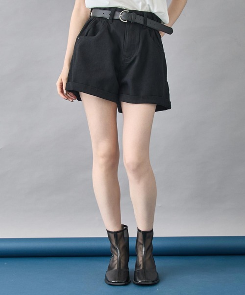 セール】ベルト付き ロールアップ ウエスト ギャザー ツイル ショート