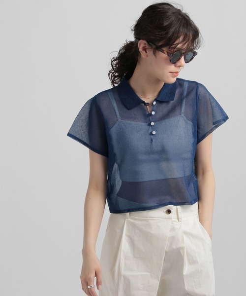 GEORGE'S(ジョージズ)の「シアーラメポロニット(ポロシャツ・レディース・ホワイト/ネイビー/イエロー・MEDIUM)」の2枚目の写真