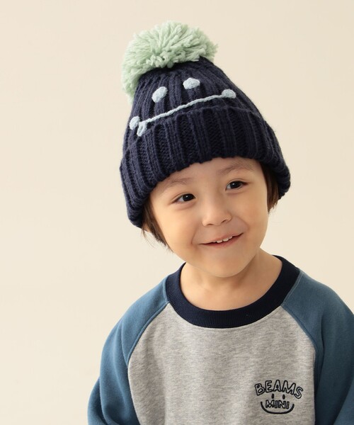 BEAMS mini（ビームスミニ）の「スマイル ポンポン ワッチ 2025FW（ニットキャップ/ビーニー・キッズ・ワイン/ホワイト系その他7/ネイビー/ピンク・ONE SIZE）」の2枚目の写真