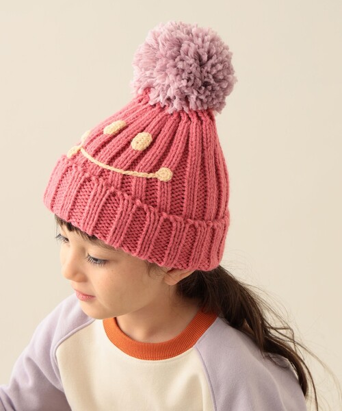 BEAMS mini（ビームスミニ）の「スマイル ポンポン ワッチ 2025FW（ニットキャップ/ビーニー・キッズ・ワイン/ホワイト系その他7/ネイビー/ピンク・ONE SIZE）」の3枚目の写真