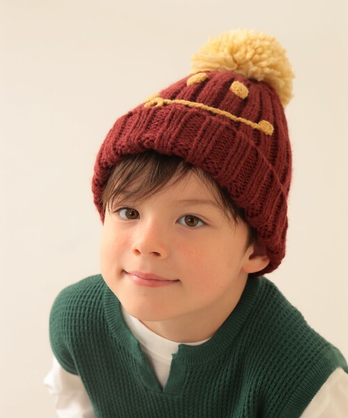 BEAMS mini（ビームスミニ）の「スマイル ポンポン ワッチ 2025FW（ニットキャップ/ビーニー・キッズ・ワイン/ホワイト系その他7/ネイビー/ピンク・ONE SIZE）」の4枚目の写真