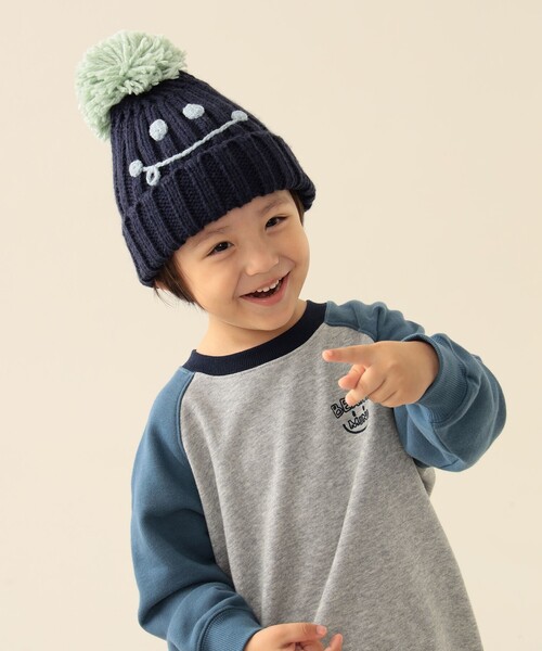 BEAMS mini（ビームスミニ）の「スマイル ポンポン ワッチ 2025FW（ニットキャップ/ビーニー・キッズ・ワイン/ホワイト系その他7/ネイビー/ピンク・ONE SIZE）」の9枚目の写真