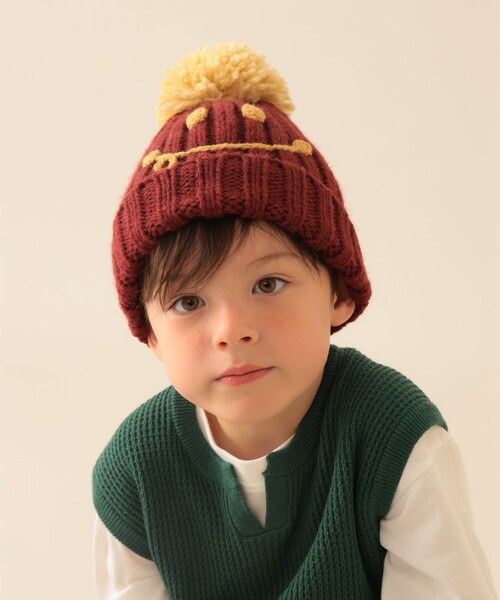 BEAMS mini（ビームスミニ）の「スマイル ポンポン ワッチ 2025FW（ニットキャップ/ビーニー・キッズ・ワイン/ホワイト系その他7/ネイビー/ピンク・ONE SIZE）」の10枚目の写真