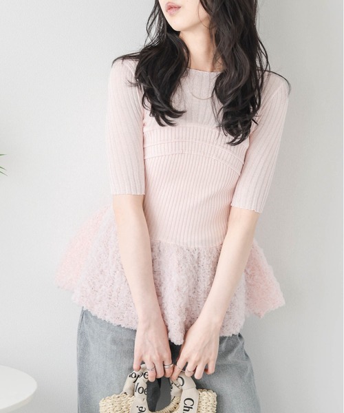 AMELY(エミリー)の「異素材切替えシアーニット(ニット/セーター・レディース・グレー/ピンク/ベージュ・フリー)」の3枚目の写真