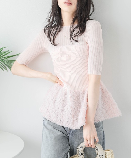 AMELY(エミリー)の「異素材切替えシアーニット(ニット/セーター・レディース・グレー/ピンク/ベージュ・フリー)」の13枚目の写真
