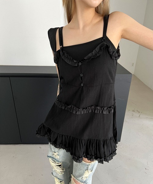 00s TRALALA ビスチェ風 モノトーンチェック柄フリルキャミワンピ 楽天市場】チェック柄フリルビスチェ トップス ビスチェ キャミ